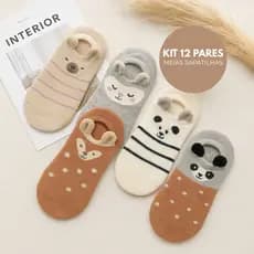 KIT 12 Pares Meia Sapatilha Feminina Adulto Algodão Bichinhos Infantil Cano Curto Promoção