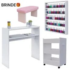 Kit Mesa Manicure + Carrinho Auxiliar + Porta Esmaltes + Apoio De Mão Manicure Unha Gel Salão De Beleza Premium