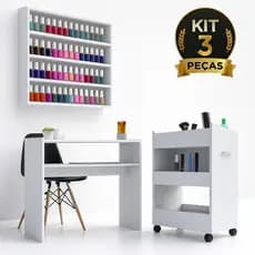 Kit Mesa Manicure + Expositor De Esmaltes + Carrinho Auxiliar Studio Nail Designer