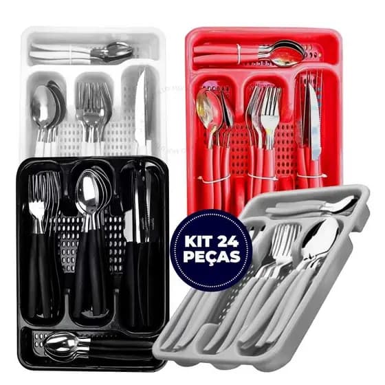 Jogo De Talheres Inox 24 Pecas Com Suporte Organizador Gaveteiro Faqueiro Cozinha