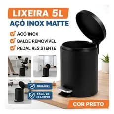 Lixeira 5l Com Pedal Aço Inox Matte Balde Removível Multiuso  Banheiros Cozinhas Escritórios Consultórios Cor Preto