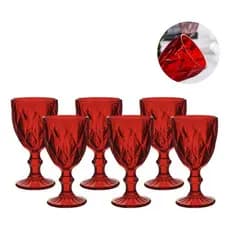 Jogo De 6 Tacas De Vidro Copo 340ml Diamond Rubi Vermelho