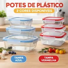Kit 3 Potes Herméticos de Plástico Com Tampa Silicone 450ml 820ml 1400ml Vermelho Azul