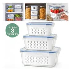 Kit 3 Potes Herméticos Com Cesto Removível Cozinha Geladeira 850ml 1750ml 3300ml