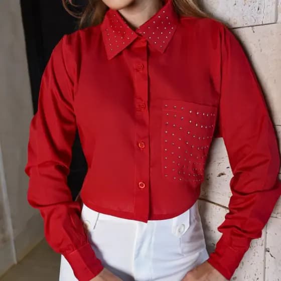 Blusa Feminina Cropped Camisa Social Brilho com Strass