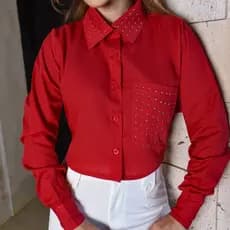 Blusa Feminina Cropped Camisa Social Brilho com Strass