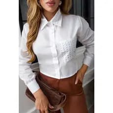Camisa Cropped de Brilho Feminino Social Manga Comprida Colarinho e Bolso STRASS LANÇAMENTO