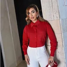 Blusa Feminina Cropped Camisa Social Vermelha Brilho Strass