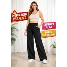 Calça Wide Leg Feminina Pantalona Cintura Alta Moletom Elastano Soltinha Confortável Básica Casual Trabalho