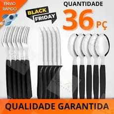 Kit Jogo de Talheres Cabo Preto 36 peças Aço Inox 12 Facas 12 Garfos de Mesa 12 Colheres Restaurante