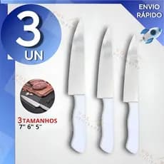 Kit 3 Facas Peixeira Inox Profissional 6” 5” 3,5” Cabo Branco Para Cozinha e Churrasco