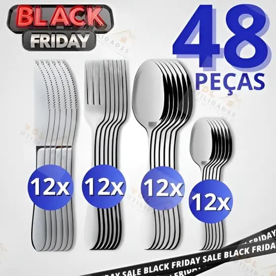Conjunto Jogo de Talheres 48 peças Aço Inox Facas Garfos Colheres de Mesa e Colheres de Sobremesa Casa