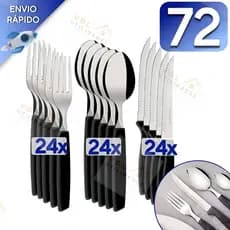 Jogo 72 Talheres Preto Inox Premium Cabo Plástico 24 Faca 24 Garfo 24 Colher