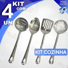 Jogo Utensílios Para Cozinha 4 Peças Em Aço Inox Colher De Arroz Escumadeira Concha