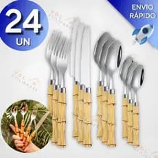 Jogo de Talheres 24 Peças Faca Garfo Colher e Colheres de Sobremesa Em Aço Inox de Cabo Plástico Bambu
