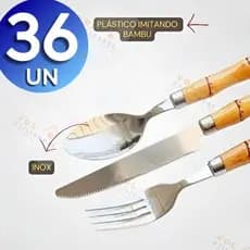 Conjunto Jogo de Talheres 36 Peças Faca Garfo Colher Em Aço Inox de Cabo Plástico Bambu
