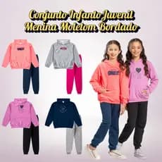 Conjunto Inverno Menina Moletom Canguru Bordado c/ Capuz e Calça - Tamanho 10 ao 14