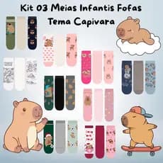Kit 03 Pares de Meia Divertida Capivara Cano Médio Infantil - Menino e Menina