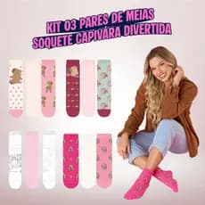 Kit 3 Pares Meia Capivara Cano Médio Feminina Adulto Infantojuvenil 34 a 39
