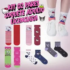 Kit 2 Pares Meia Soquete Hello Kitty Licenciada Adulto Kuromi Keroppi 34 a 39