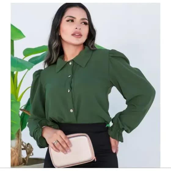 Blusa Feminina Verde Militar Linda Elegante Chic Manga Bufante Moda Tendência 2026