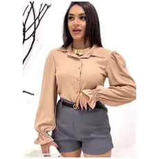 Blusa Feminina Bege Elegante Manga Longa Lastex Social Botões Look Trabalho Casual
