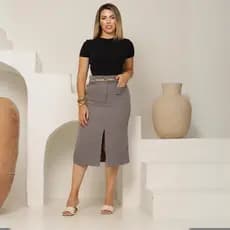 Saia Mídi Alfaiataria Moda Evangélica, Bolso Frontal cinza