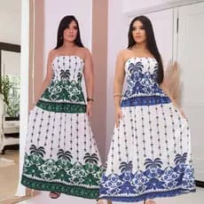 kit-2 peças Vestido Tropical Longo Tomara que Caia Estampado – Moda Feminina 2026 Azul + Verde