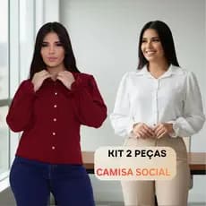 Kit 2 Camisas Femininas Sociais Manga Longa Elegantes Look Trabalho e Dia a Dia Vinho + branca off