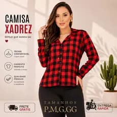 BLUSA CAMISA FEMININA XADREZ MANGA LONGA TECIDO CREPINHO COM BOTÕES