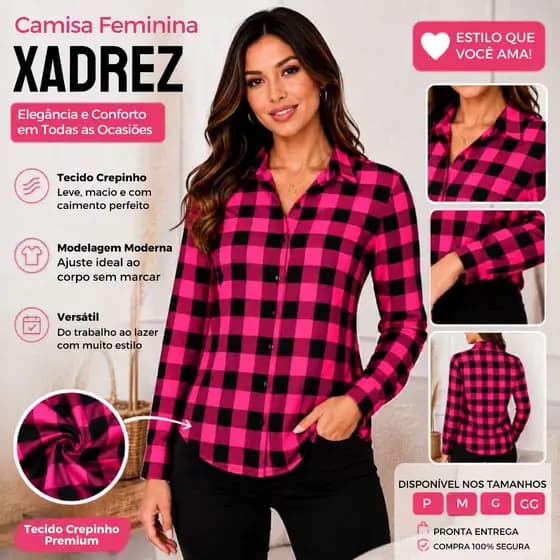 BLUSA CAMISA FEMININA XADREZ MANGA LONGA TECIDO CREPINHO COM BOTÕES SOCIAL