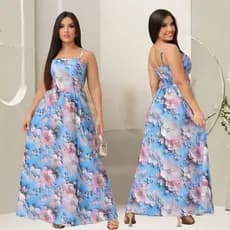 Vestido Longo Floral Feminino Azul Elegante Alça Fina Verão Festa Casual Moda 2026 .