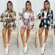 Conjunto Feminino Xadrez Flanelado Camisa Manga Longa Shorts Botões.