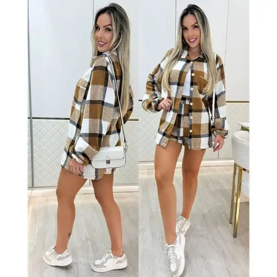 Conjunto Feminino Camisa Xadrez Flanelada e Short Cintura Alta Confortável