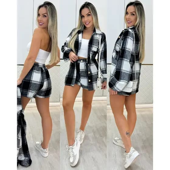 Conjunto Feminino Camisa Xadrez Flanelada e Short Cintura Alta Confortável.