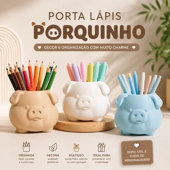 Porta Lápis Porquinho, Organizador De Mesa, Porta Canetas, Porta Pincel, Decoração Fofo Em PLA
