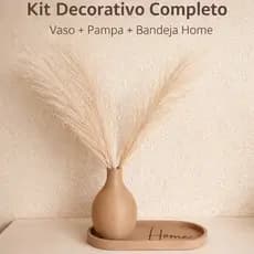 Kit Decorativo Vaso 15cm + Capim do Pampa Artificial + Bandeja Home - Decoração Sala Quarto Moderno
