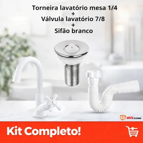 Kit Banheiro Completo Torneira 1/4 Volta + Válvula 7/8 + Sifão Sanfonado Branco