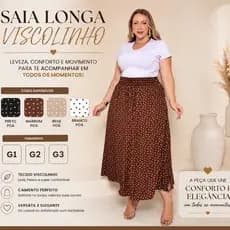Saia Feminina Longa Viscolinho Poá Premium Moda Verão Causal Cintura Alta com Elastico Bolso e Fendas Laterais Plus Size