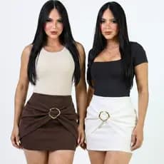 Kit 2 Short Saia Feminino Neoprene com Fivela Dourada Cintura Alta Encorpado Elegante Confortável
