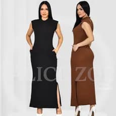 Vestido Feminino longo Com Bolso e Fenda nas Laterais Ribana Canelada Algodão Manga Muscle Moda Gringa Elegante