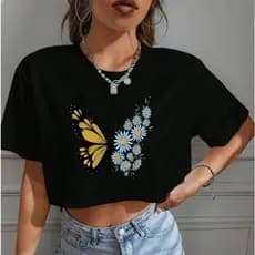 Cropped Curto Feminino Blusa Borboleta Flores Liberdade Casual Verão Streetwear Confortavel