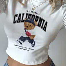 Cropped Feminino Estampado Blusa Algodão Urso Califórnia Casual Confortável