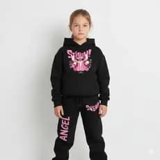 Conjunto Moletom Tradicional Infantil Inverno Blusa Canguru E Calça Moletom Lilo Stitch Angel Rosa