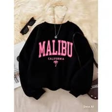 Moletom Feminino Preto Gola Careca Estampa Malibu California Rosa - Blusa de Frio Streetwear