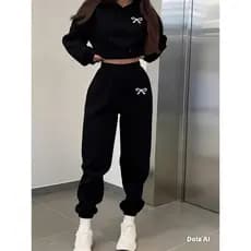 Conjunto Moletom Feminino Laço Coquette Com Capuz Calça Jogger Cintura Alta Estilo Gringa