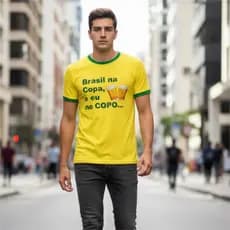 Camisa do Brasil Amarela Frase divertida Brasil na Copa eu no Copo Algodão Premium 2026 Estilo Torcedor