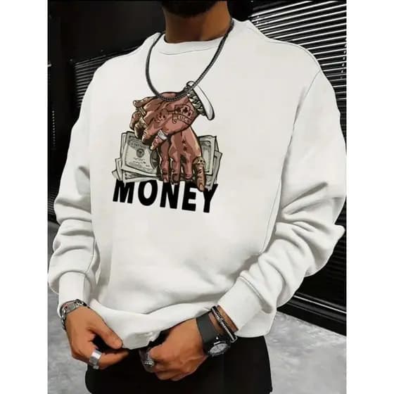 Moletom Gola Redonda Mãos Com Dinheiro Streetwear Unissex Blusa De Frio Basico Careca Casaco Flanelado  Algodão