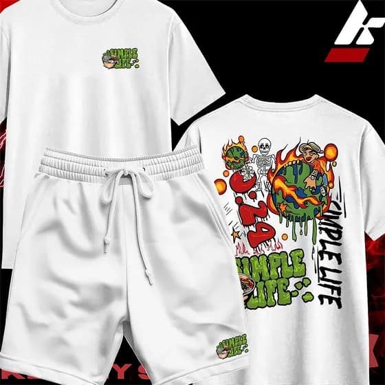 KIT Camiseta Streetwear Masculina Feminina 100% Algodão e Bermuda Mauricinho Estampa SIMPLE LIFE
