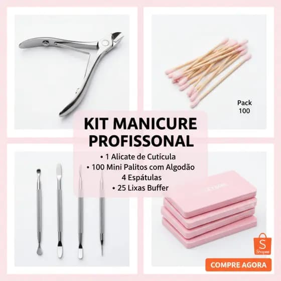 KIT Alicate de Unha para Cutícula / 25 Lixas Buffer / 100 Mini Palitos com Algodão na Ponta / 4 Espátulas para Cutícula